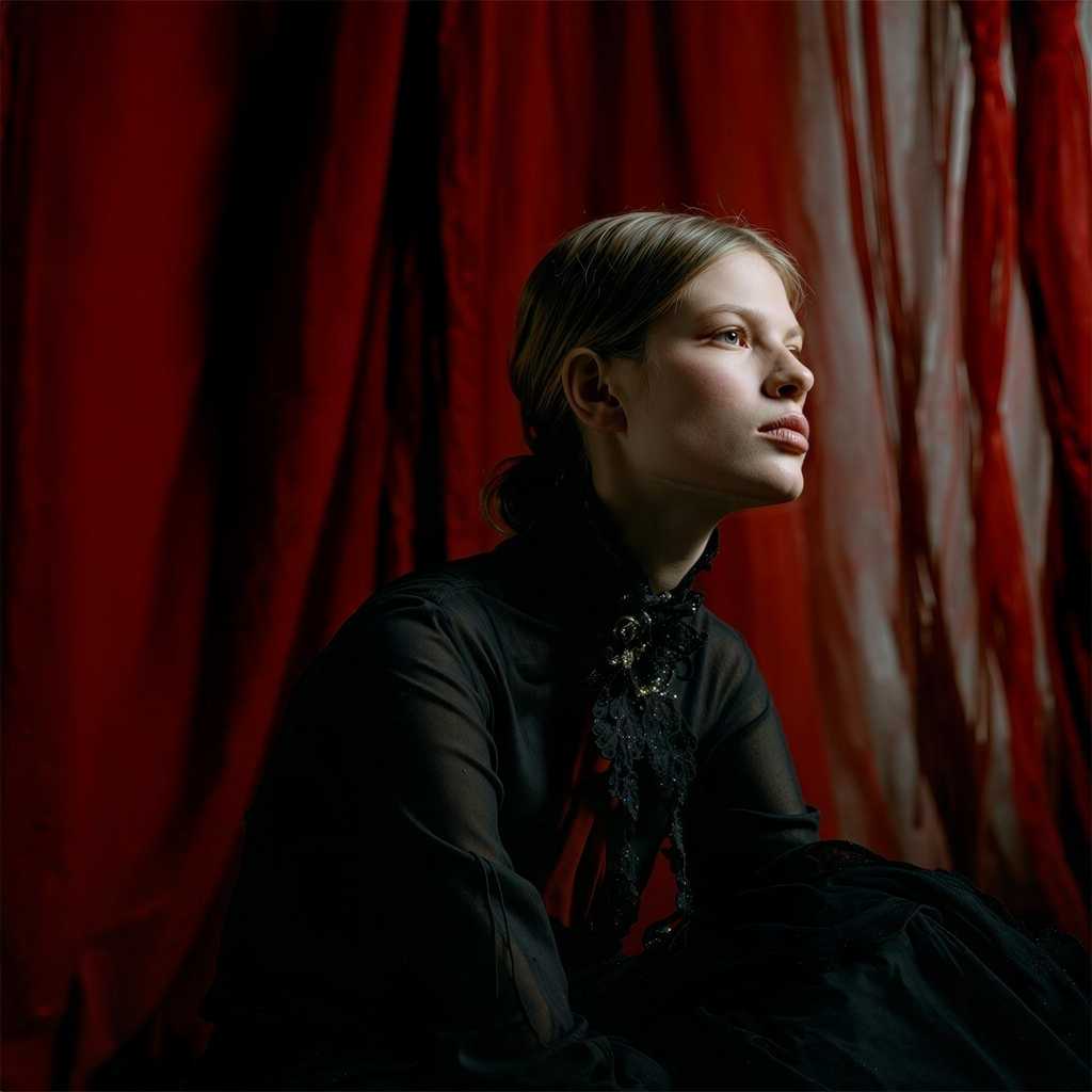 AI-generated fashion portrait of a woman in black against a red curtain